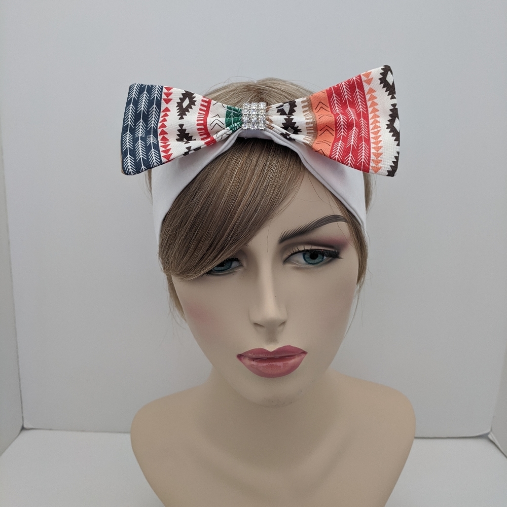 White Tribal Headband Multi Color Head Wrap Bow
